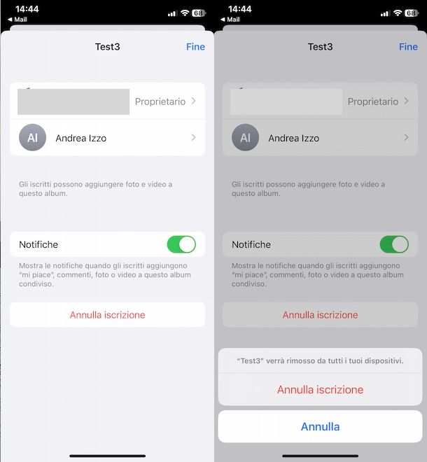 Annullare iscrizione album condiviso iPhone