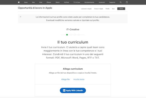 inserimento curriculum vitae su sito Apple