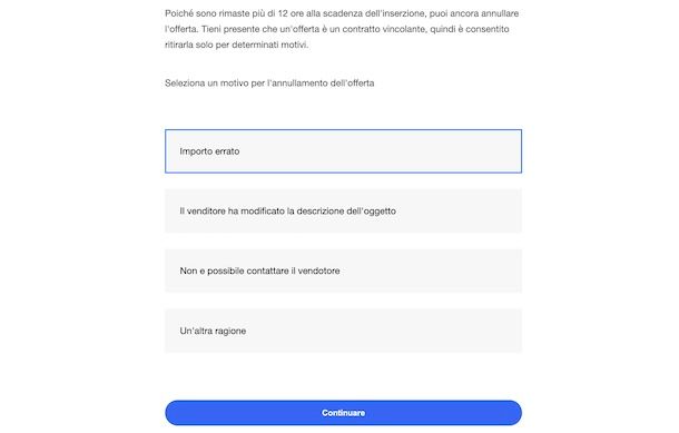 Motivo annullamento offerta eBay