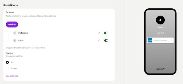 Aggiungere icone su Linktree
