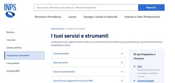 Sezione strumenti e sussidi del sito dell'INPS