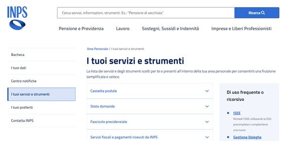 Sezione strumenti e sussidi del sito dell'INPS