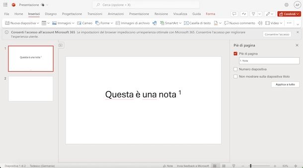 Note piè di pagina PowerPoint online