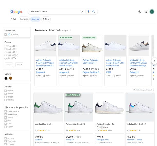Ricerca prodotti Google Shopping