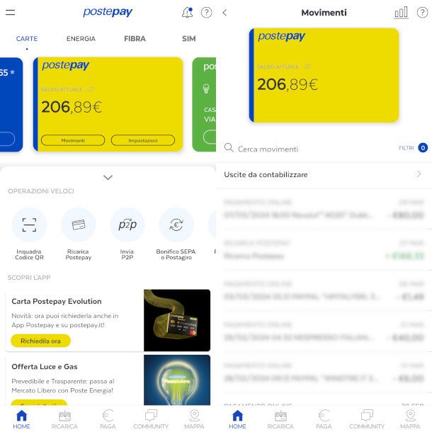 visualizzazione saldo su app Postepay