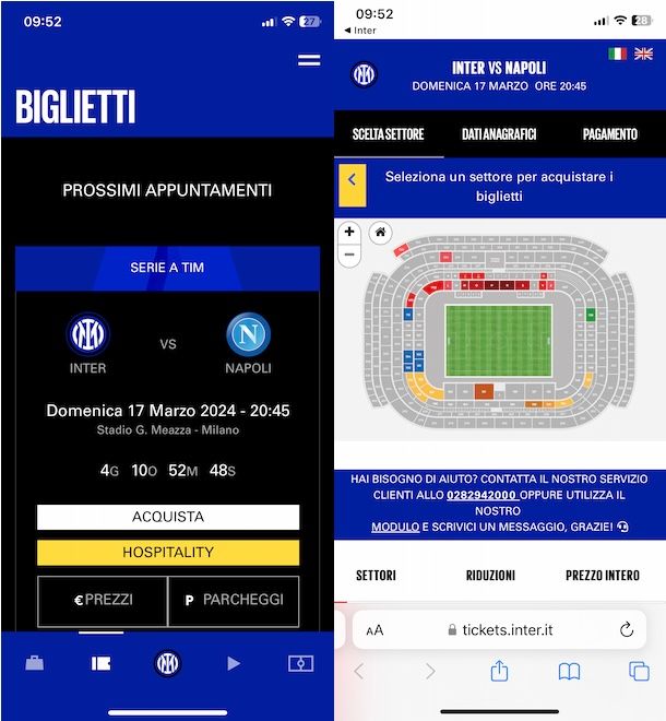 Acquistare biglietti Inter da app