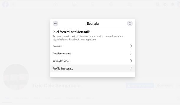 Segnalare profilo Facebook hackerato