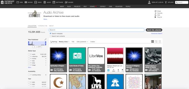 pagina sezione Audio sito Archive.org