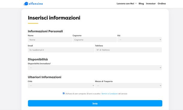 modulo online per candidatura Alfonsino delivery