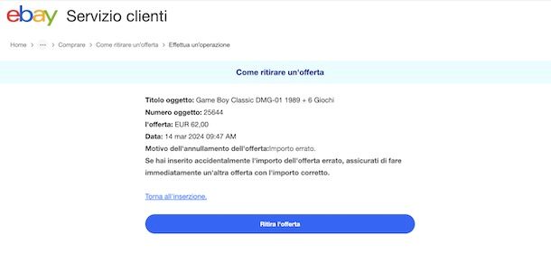 Ritirare offerta su eBay