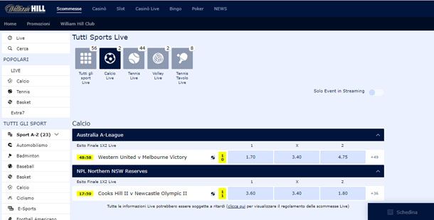 Scommesse live William Hill