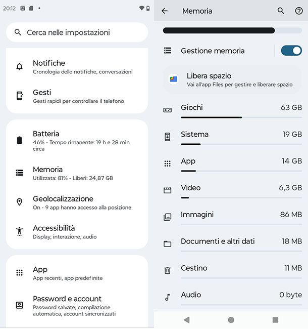 Come si fa a vedere la memoria del telefono Android