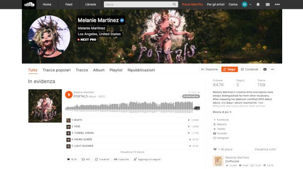 pagina artista su SoundCloud Web