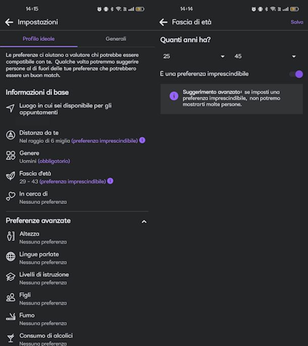 Impostare preferenze su Dating