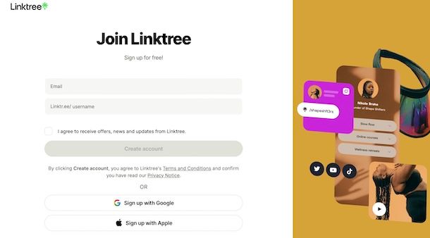 Creare account Linktree