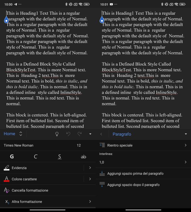 Word spazio paragrafi Android