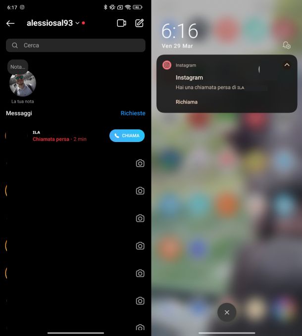 Instagram chiamate perse Android