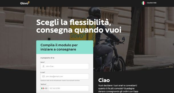 pagina sito Glovo per candidatura rider