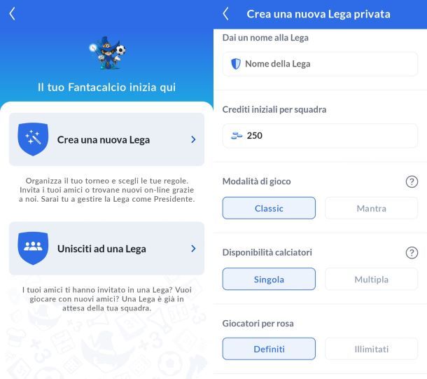 Come creare una lega fantacalcio app