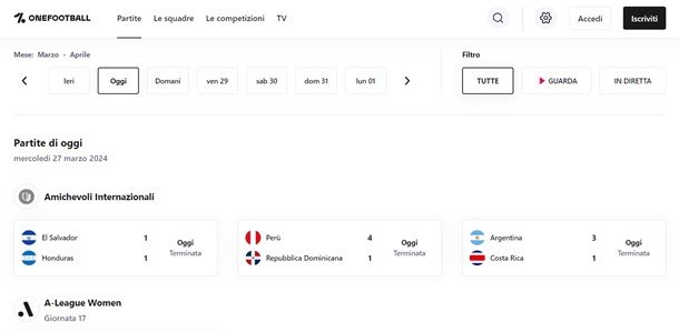 Le partite calcio del sito Onefootball