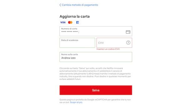 Aggiungere carta Netflix