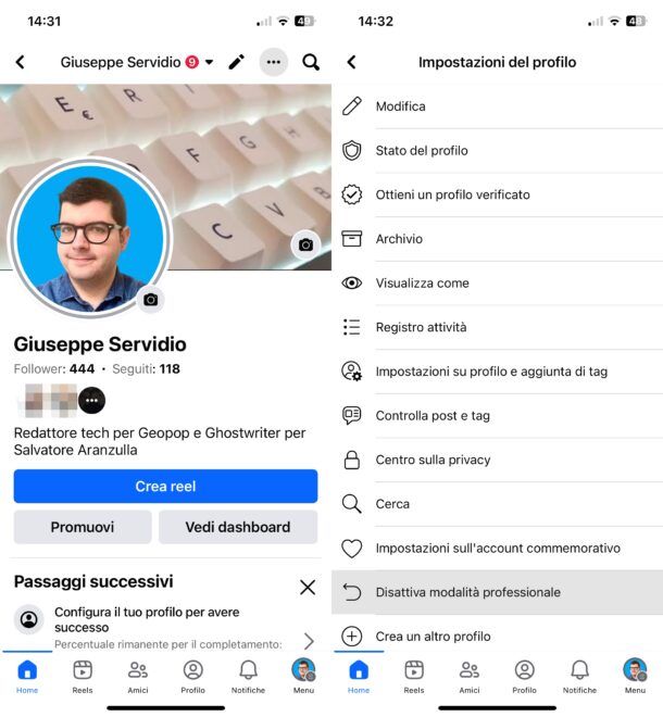 Disattivare modalità professionale profilo Facebook