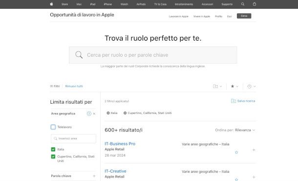 pagina di ricerca lavoro sito Apple