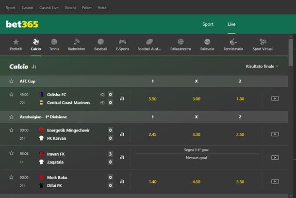 Scommesse live Bet365