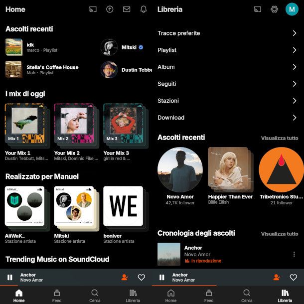 schermate Home e Libreria app SoundCloud
