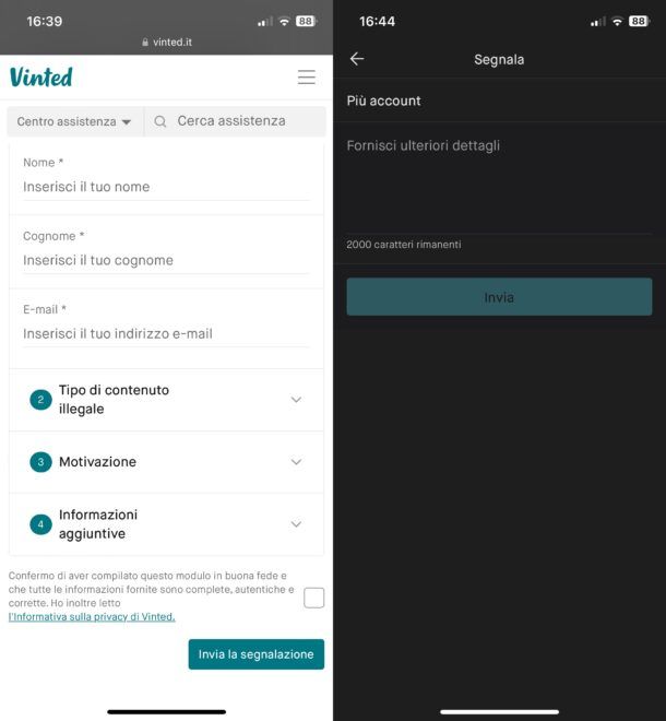 Denunciare su Vinted da mobile