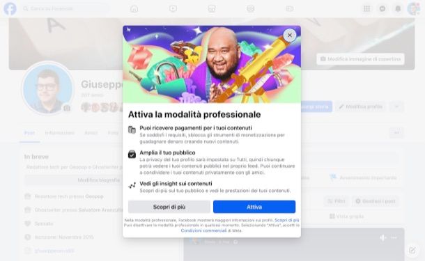 Attivare modalità professionale profilo Facebook da computer