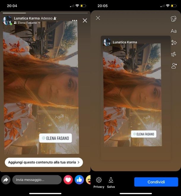 condividere storia FB smartphone