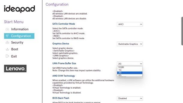 UEFI BIOS scheda video interna