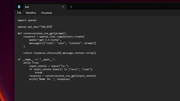 Codice chatbot IA ChatGPT Python