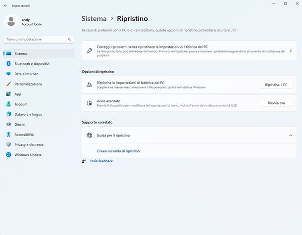 Ripristinare il sistema