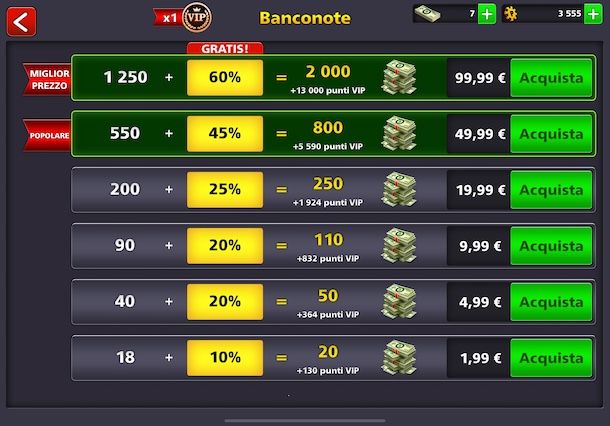Acquistare banconote su 8 Ball Pool