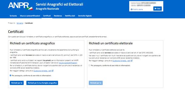 Richiesta certificati online ANPR
