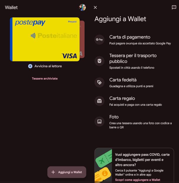 schermata app Google Wallet