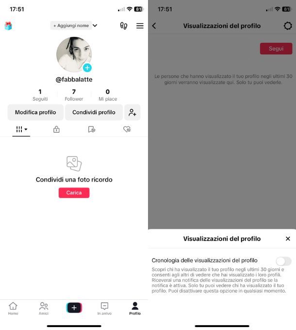 Disattivare visualizzazione profilo