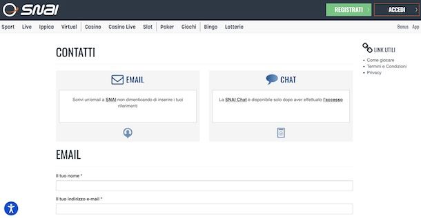 Come contattare SNAI