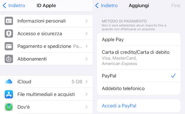 schermate metodi di pagamento account Apple