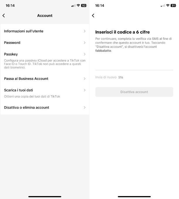 Disattivare account TikTok