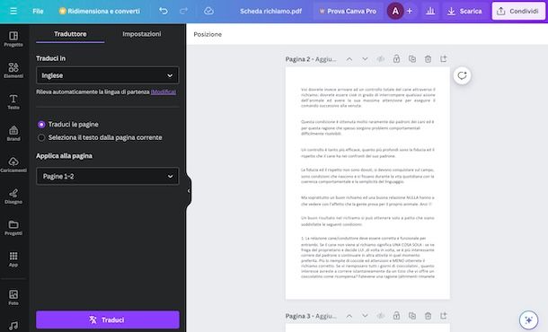 Tradurre documento con Canva