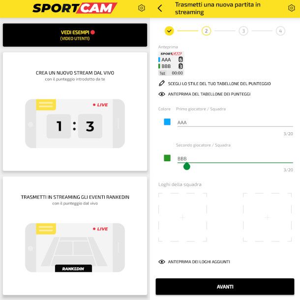 schermate app SportCam