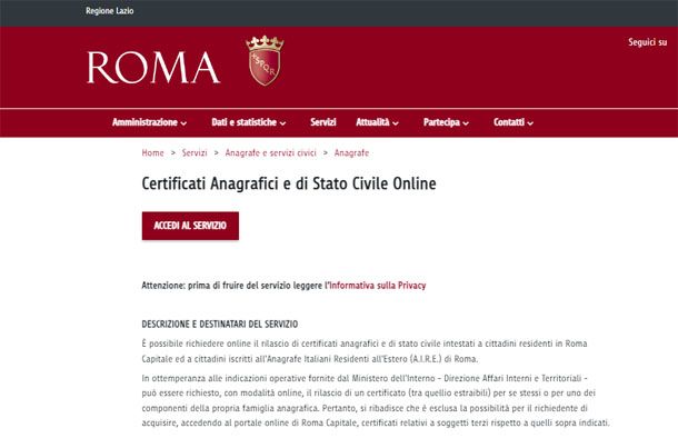 Richiedere Stato di famiglia online Roma