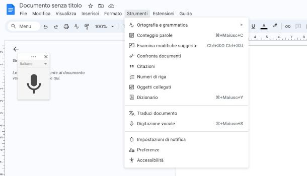 Dettatura su Google Documenti da Web