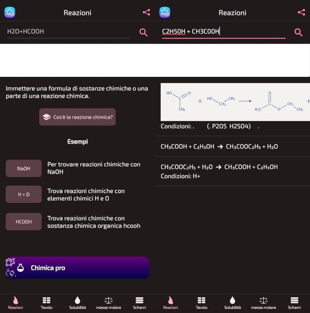 schermate app Chimica con funzioni di elaborazione reazioni 