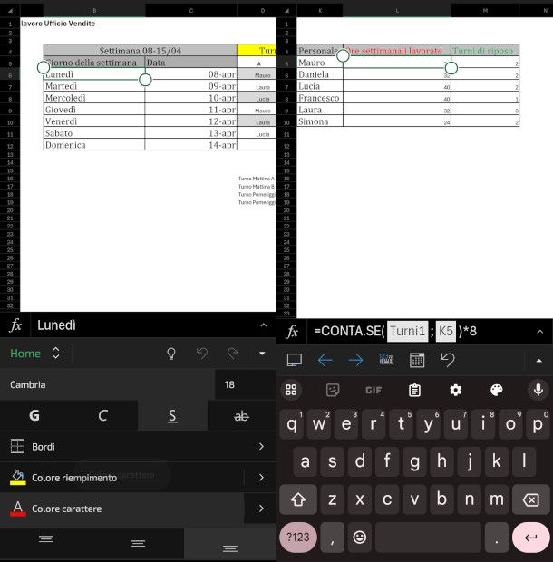 schema turni di lavoro con app Excel