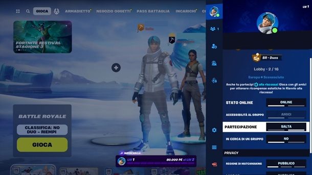 Saltare prossima partita in gruppo Fortnite PC