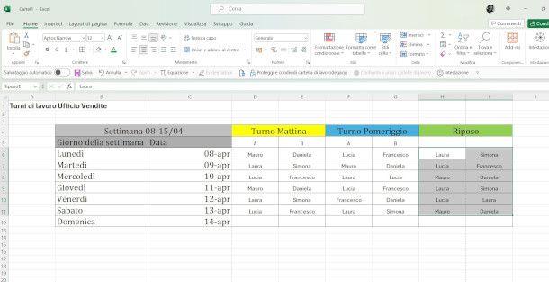 schema turni di lavoro su Excel
